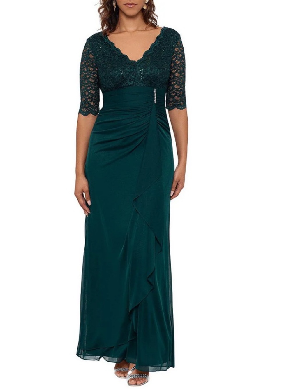 Betsy&Adam Dark green Pine lace beaded V-Neck Maxi Evening Formal Gown Plus 22W